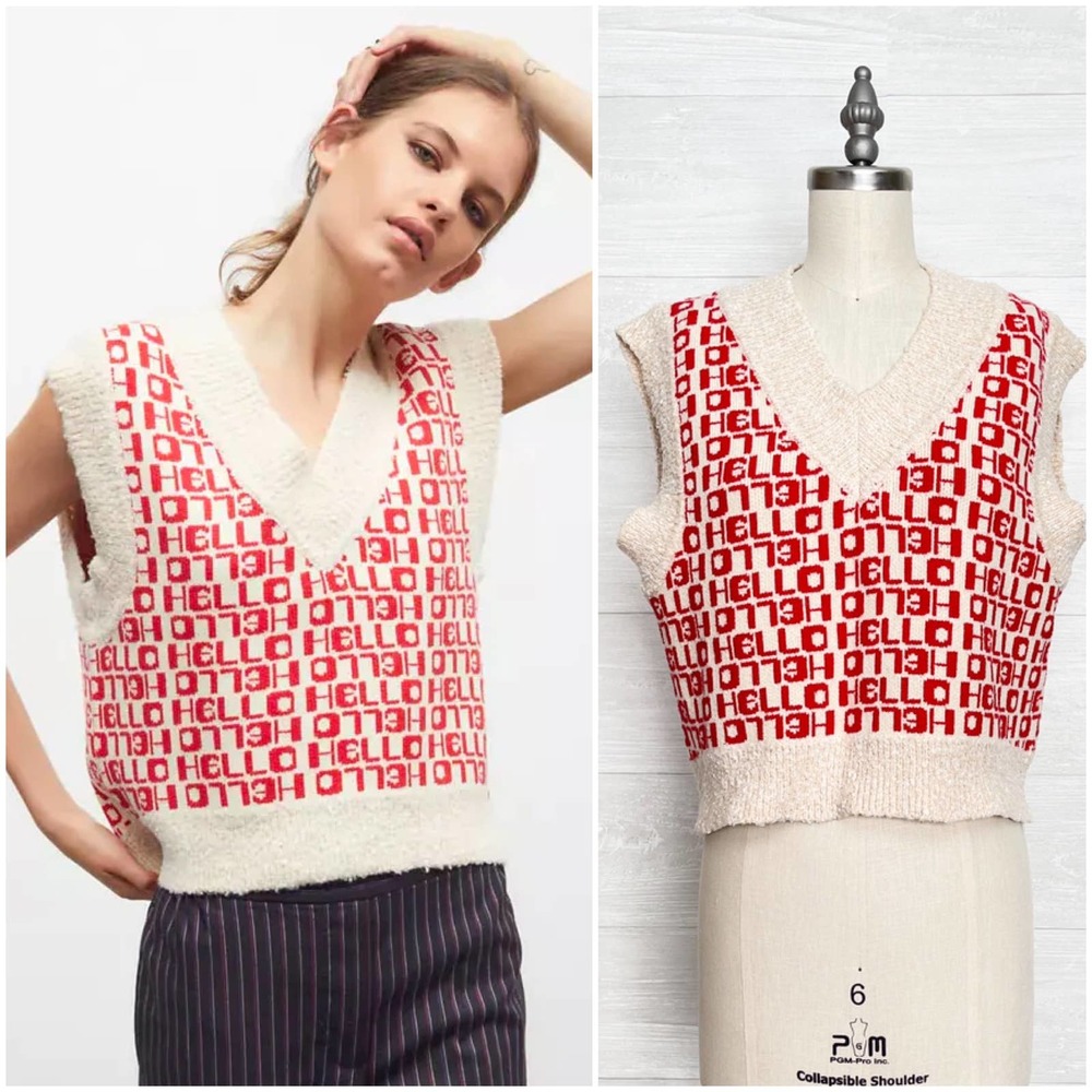 URBAN OUTFITTERS BDG Jordie “HELLO “ Jacquard Sweater Vest RED Multi Size S
